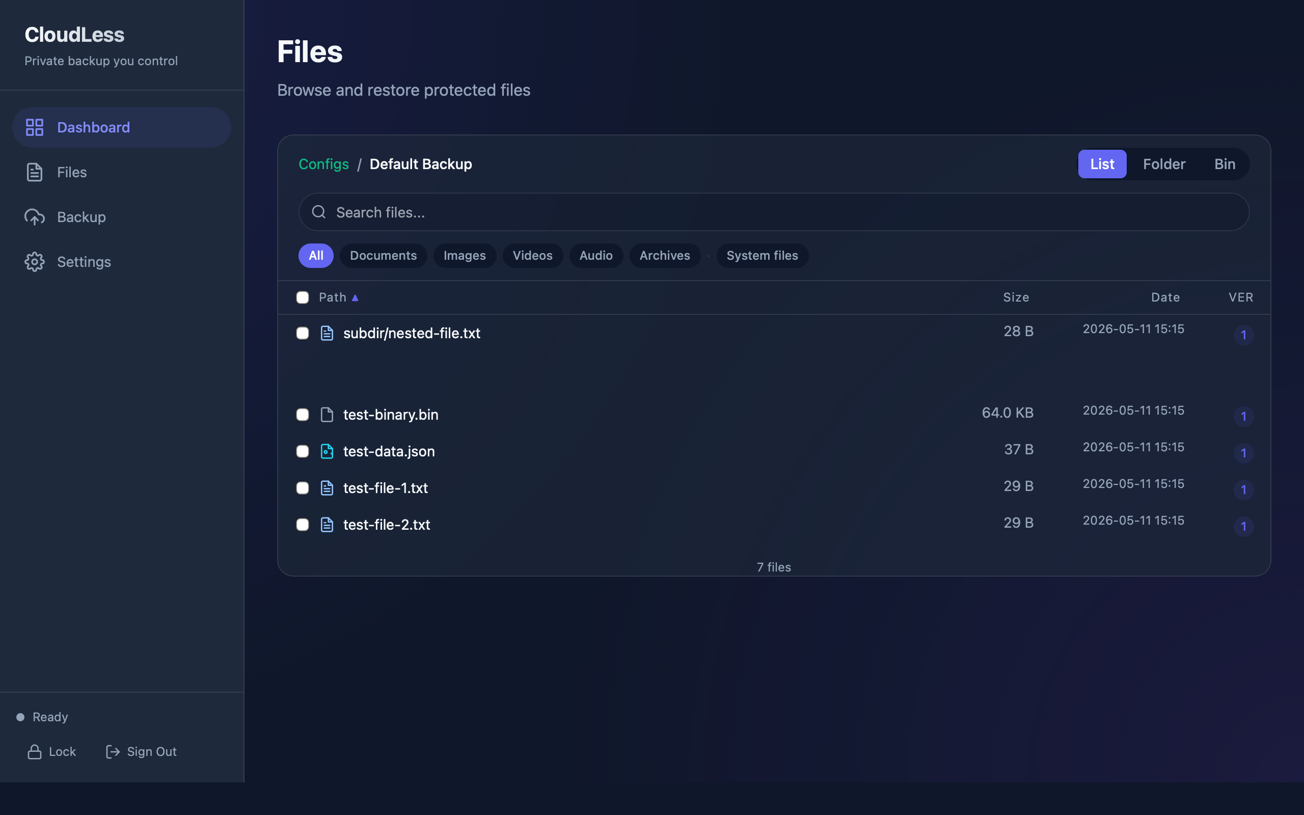 CloudLess file versions in the Files view