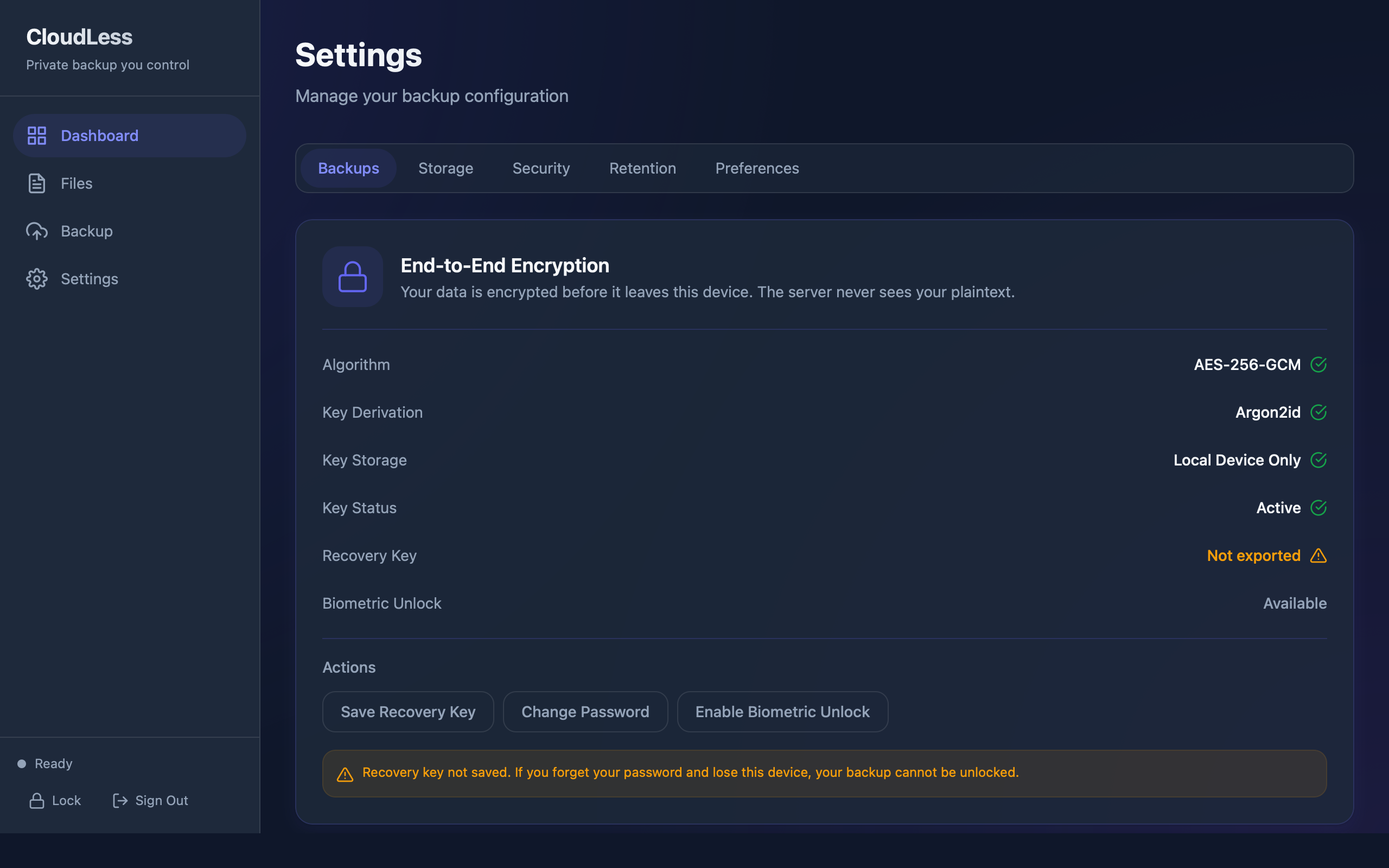CloudLess encryption settings