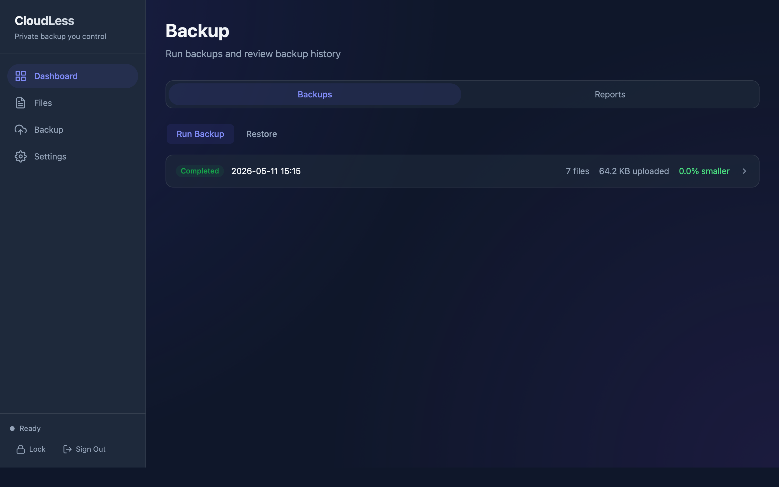 CloudLess completed backup report