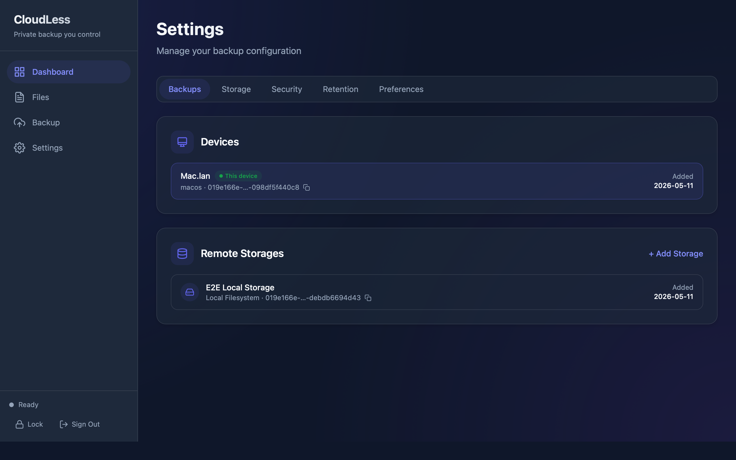 CloudLess storage settings