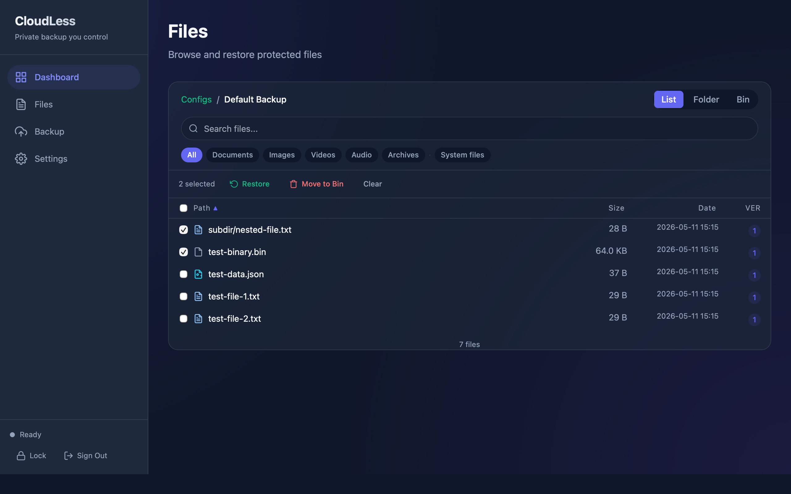 CloudLess restore selection